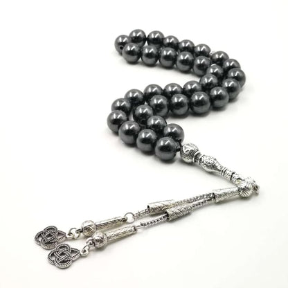 Natural Hematite Stone Tasbih Prayer Beads 33 Count Islamic Jewelry with Metal Tassel 10mm
