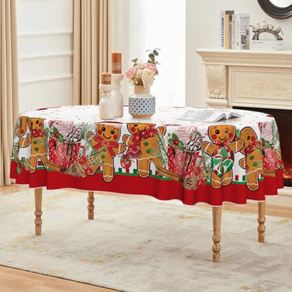 Christmas Tablecloth 60 x 84 Inch Oval Gingerbread Man & Bear Design - White Red
