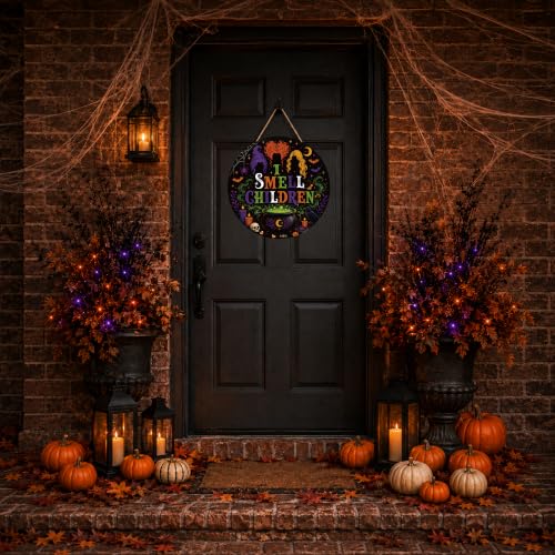 Halloween Door Sign I Smell Children - Witch Themed Front Door Decoration - Orange & Green