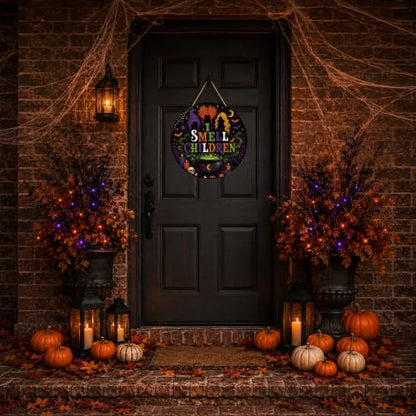 Halloween Door Sign I Smell Children - Witch Themed Front Door Decoration - Orange & Green