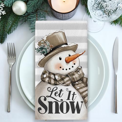 Hello Winter Snowman Kitchen Dish Towels Set of 2 - Festive Farmhouse Decor