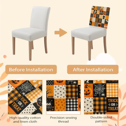 Halloween Chair Cover Set of 4 Boo Spooky Pumpkin Stretch Slipcovers Orange Black