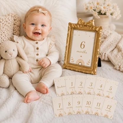 Baby Monthly Milestone Photo Frame Set - Gold Resin with Monthly Cards