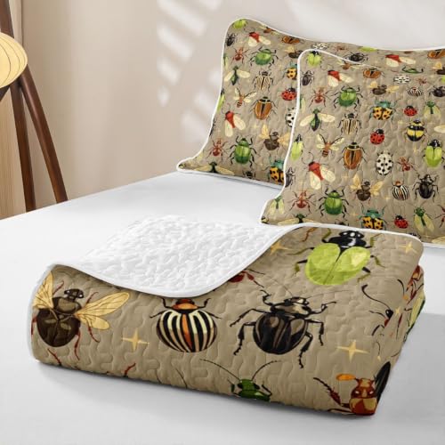 Castle Fairy Reptile Quilt Set Queen Size with Ladybug Pattern - Green Beige
