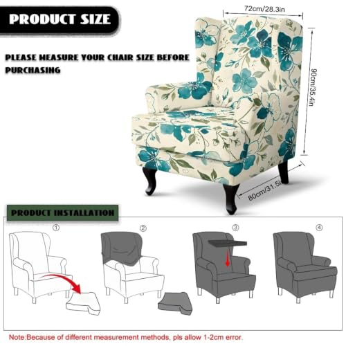 Teal Floral Wingback Chair Slipcover - Scratch-Resistant, Washable, Non-Slip Bottom, Durable Fabric