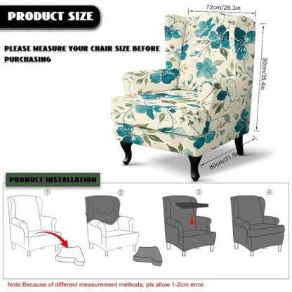 Teal Floral Wingback Chair Slipcover - Scratch-Resistant, Washable, Non-Slip Bottom, Durable Fabric