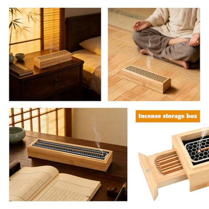 Wooden Incense Holder Burner with Double Layer Ash Catcher and Storage Drawer