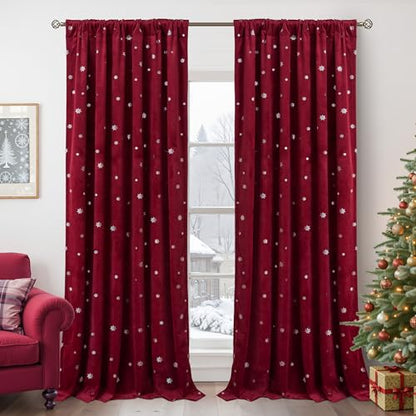 Christmas Burgundy Red Velvet Curtains Set of 2 52x84 Inches with Silver Print - Holiday Decor