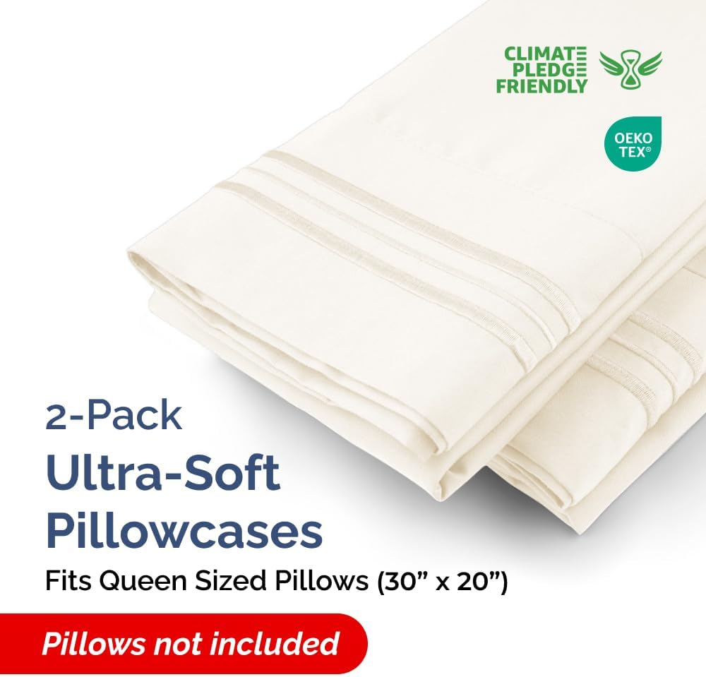 Skiennix Queen Pillow Cases Set of 2 - Ultra Soft Hotel Quality Covers - Wrinkle Free & Fade Resistant - Off White