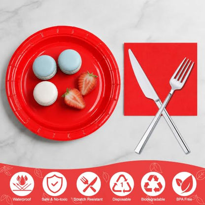 Red Paper Plates and Napkins Set - 50PCS Party Supplies for Events - Red
