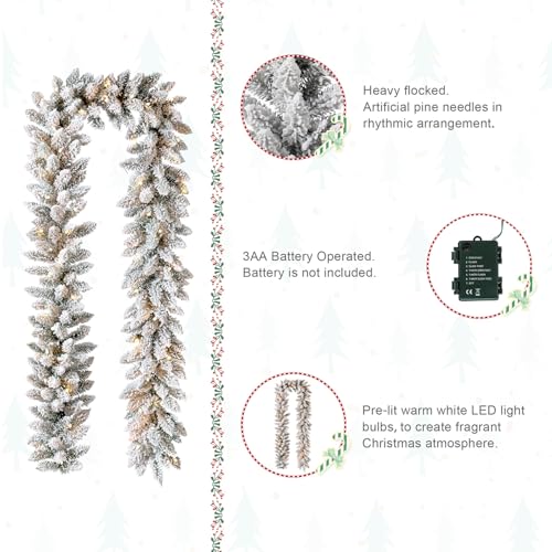 Snow Flocked Christmas Garland 9ft with Warm White LED Lights & Timer - Indoor Outdoor Decor