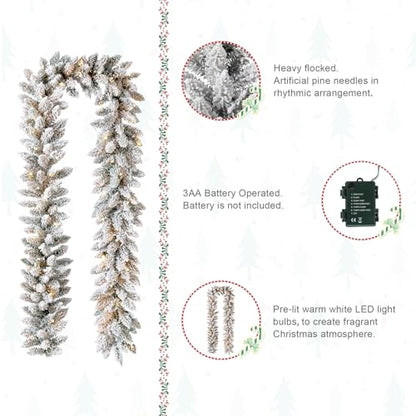 Snow Flocked Christmas Garland 9ft with Warm White LED Lights & Timer - Indoor Outdoor Decor