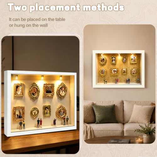 Mini Museum Shadow Box Frame Set with 8 Mini Gold Frames & LED Lights - White