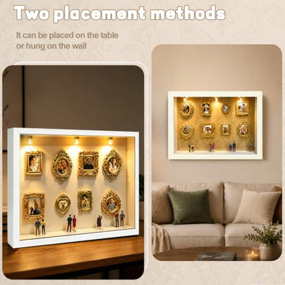 Mini Museum Shadow Box Frame Set with 8 Mini Gold Frames & LED Lights - White