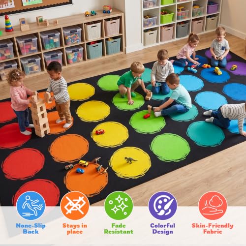 Large Classroom Rug 6.6x12.8 Ft Seats 32 Preschool & Kindergarten Carpet - Rainbow Circle Design