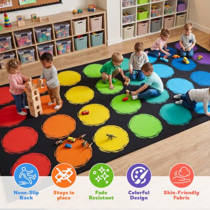 Large Classroom Rug 6.6x12.8 Ft Seats 32 Preschool & Kindergarten Carpet - Rainbow Circle Design