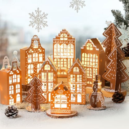 Christmas Gingerbread Village Set with Houses, Trees, Snowman - Holiday Decor