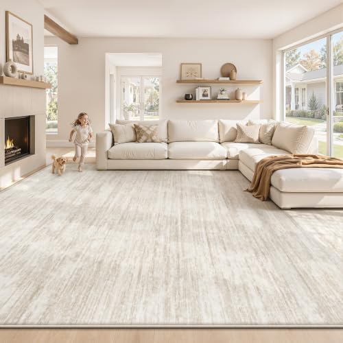 Beige 8x10 Washable Modern Abstract Rug Non-Slip Indoor Carpet for Living Room