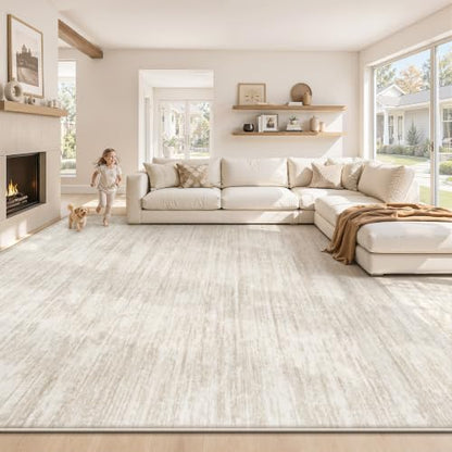 Beige 8x10 Washable Modern Abstract Rug Non-Slip Indoor Carpet for Living Room