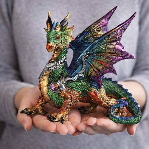 9.5-Inch Green Dragon Figurine with Purple Blue Wings Fantasy Mythical Decor - Medieval Home Accent
