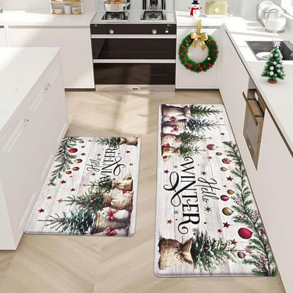 Christmas Kitchen Mat Set - White, Anti-Fatigue Waterproof Rugs, 17.3x30 + 17.3x47 Inches