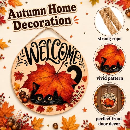 Fall Decor - Autumn Welcome Sign for Front Door - Orange Black - Thanksgiving Wreath