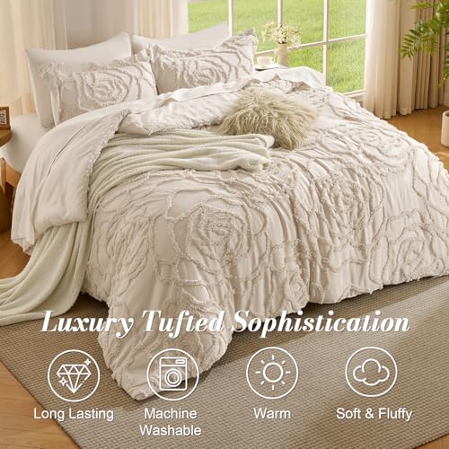Khaki Tufted Rose Comforter Set Queen - Boho Rustic All-Season Bedding