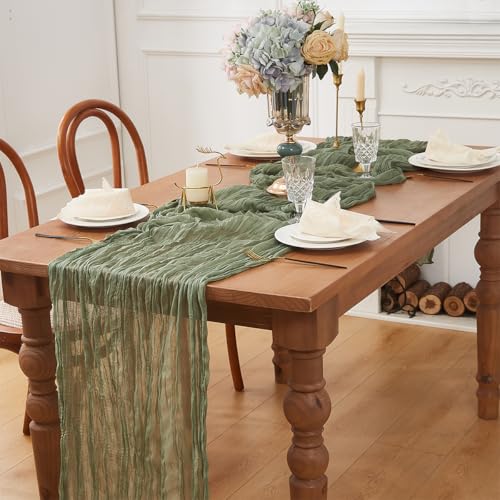 Sage Green Cheesecloth Table Runner 120 Inch 2 Pack Boho Rustic Wedding Decor