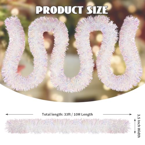 Rainbow White Iridescent Christmas Tinsel Garland 33FT for Holiday Decor