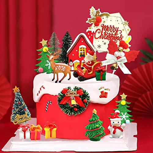 25pcs Christmas Cake Topper Set with Santa Snowman Reindeer and Mini Trees
