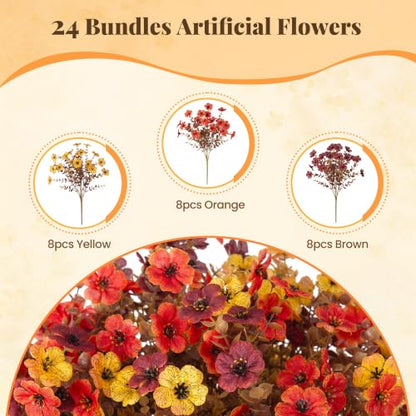 Artificial Fall Mums Flowers Set - Orange, Brown & Yellow for Outdoor & Indoor Decor