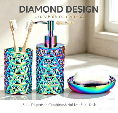 Rainbow Bathroom Accessories Set 3Pcs - Soap Dispenser, Soap Dish, Vase - Gold