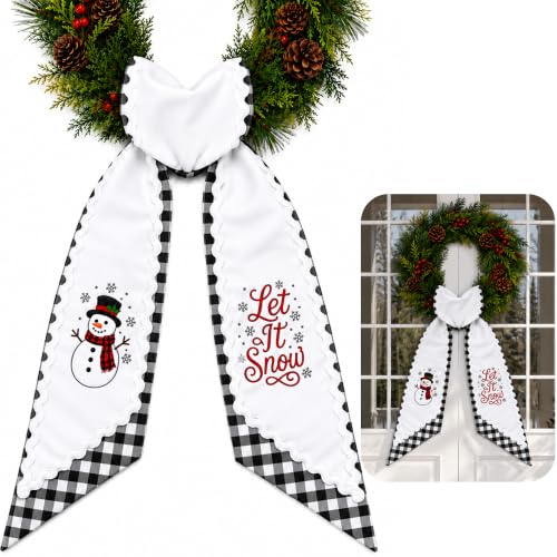 Christmas Wreath Sash Set - Black White Plaid & Embroidered Snowmen, Rustic Holiday Decor - Black White Plaid / 1 Set