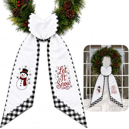 Christmas Wreath Sash Set - Black White Plaid & Embroidered Snowmen, Rustic Holiday Decor - Black White Plaid / 1 Set