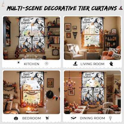 Halloween Swag Kitchen Curtains Set Black and White 3 Pieces with Snow & Orange Variations