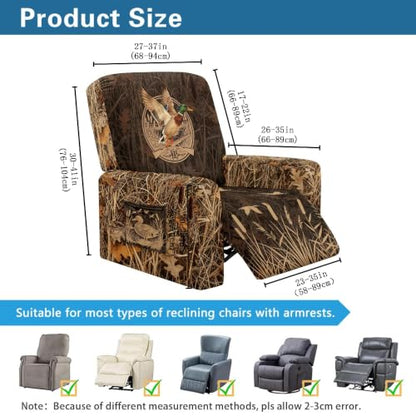 Duck Hunting Camo Print Recliner Chair Cover - 4-Piece Stretch Slipcover with Side Pocket