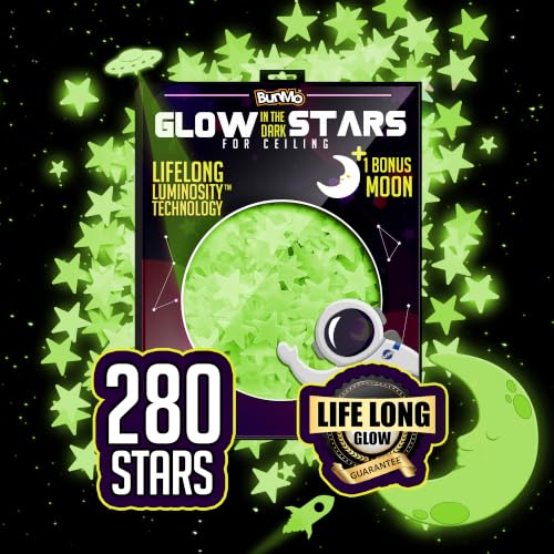 BUNMO Glow in the Dark Ceiling Stars Set - Green 280 pcs Night Sky Decor