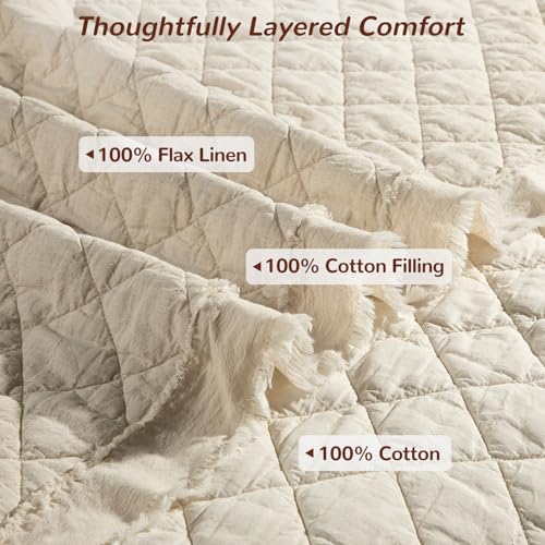 King Size Linen Quilt Set with Cotton Back & Diamond Stitch - Flax & Cotton Bedding