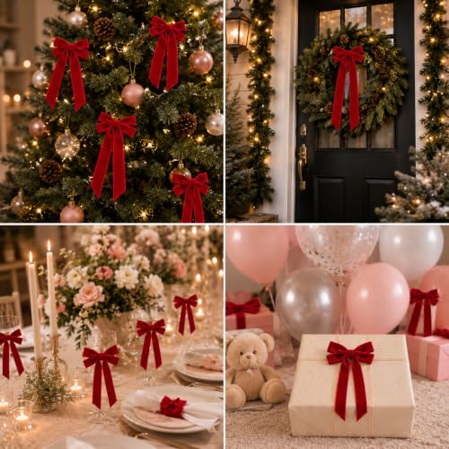 Velvet Christmas Tree Bows with Twist Ties - Red, 12 Pack, 5 x 10 Inches