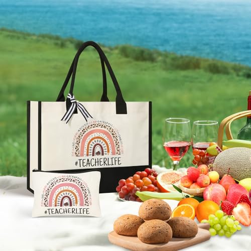 Teacher Gifts Canvas Tote Bag with Makeup Bag - Teacher Appreciation Gift - Variation 1