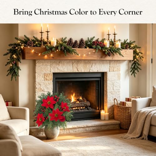 Artificial Poinsettia Stake with Pine Berries - Red & Green 2 Pack for Christmas Decor