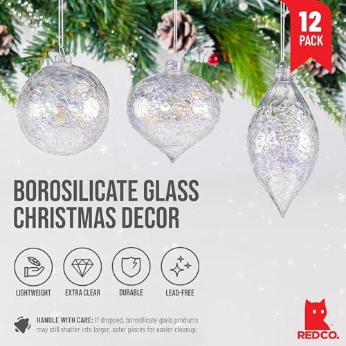 12 Assorted Iridescent Crackle Glass Christmas Ornaments Set - Tree Decorations