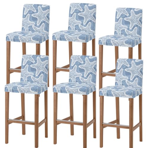 Blue Nautical Starfish Bar Stool Covers Set of 6 - Coastal Stretch Dining Chair Slipcovers
