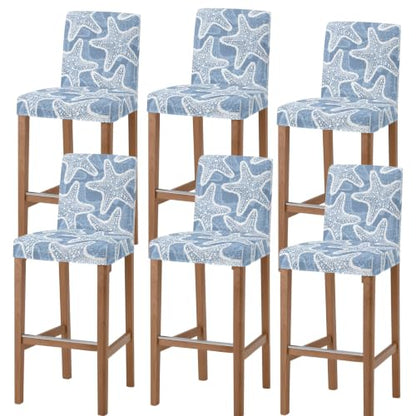 Blue Nautical Starfish Bar Stool Covers Set of 6 - Coastal Stretch Dining Chair Slipcovers