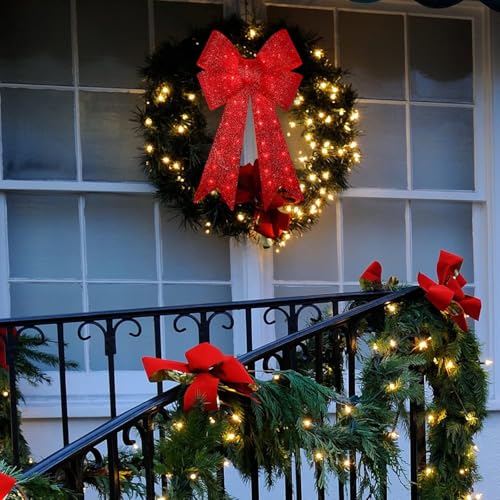 GLOWNOVA 48'' 126LED Christmas Wreath Bow with Glitter Red & Lights - Indoor Outdoor Decor