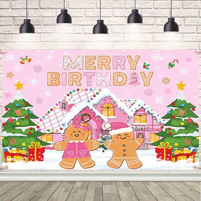 Pink Gingerbread Merry Birthday Banner Christmas Decoration Party Supplies