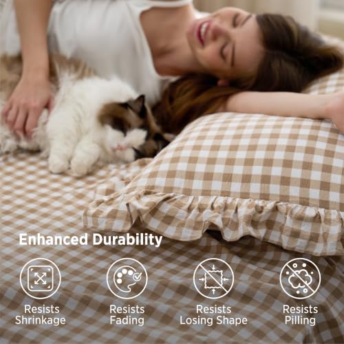 Bedsure Queen Size Gingham Bed Sheet Set with Ruffled Edges - Brown Farmhouse Style, 4 Piece