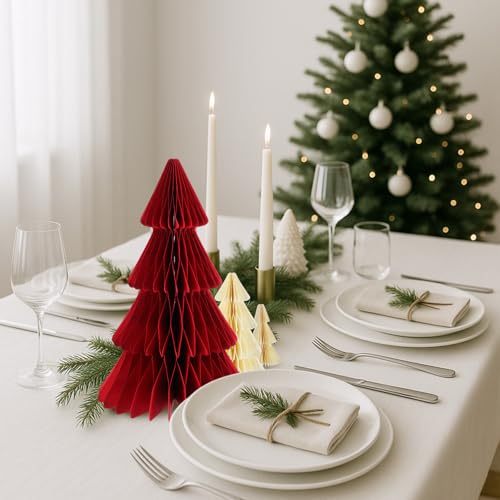 Red Christmas Honeycomb Tree Centerpieces - 7 Pcs 3D Paper Decor