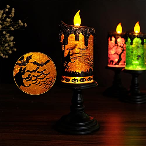 DRomance Halloween Flameless Candle Snow Globe Battery Operated with 6 Hour Timer, Yellow Light Bat Decal Water Tornado Lamp LED Candlestick Halloween Season Decor Gift 4 x 10 Inches