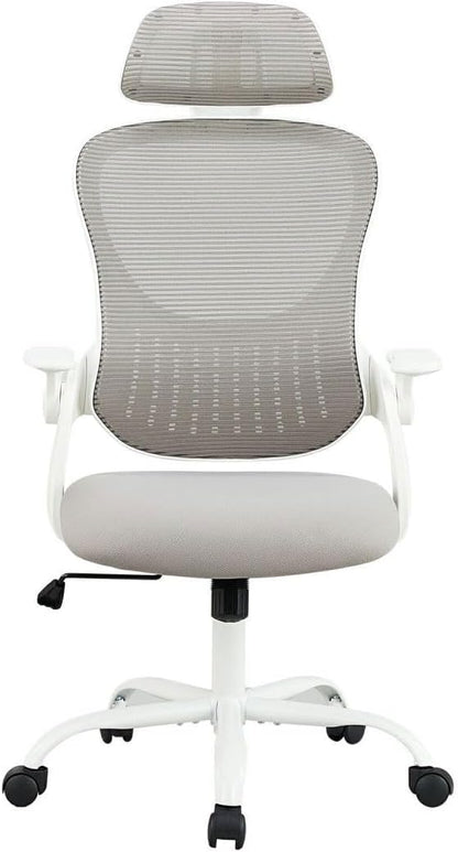 Skiennix Ergonomic Office Chair - Adjustable Lumbar Support & Flip-Up Armrests | High Back Mesh Taskchair in Grey